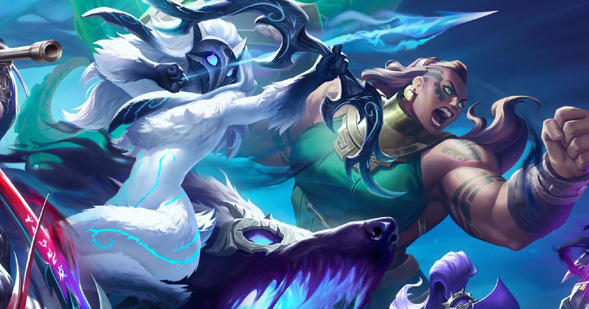 Heroes in League of Legends key art pouncing towards the right