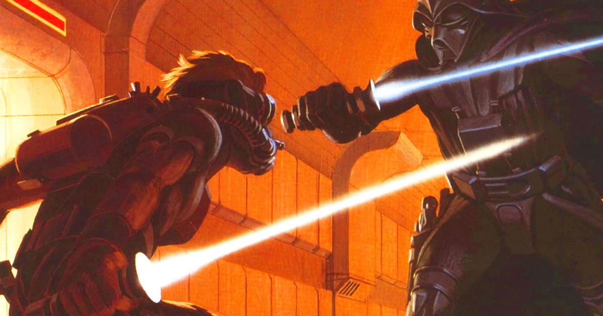 Concept art of Luke Starkiller and Darth Vader duelling with lightsabers 