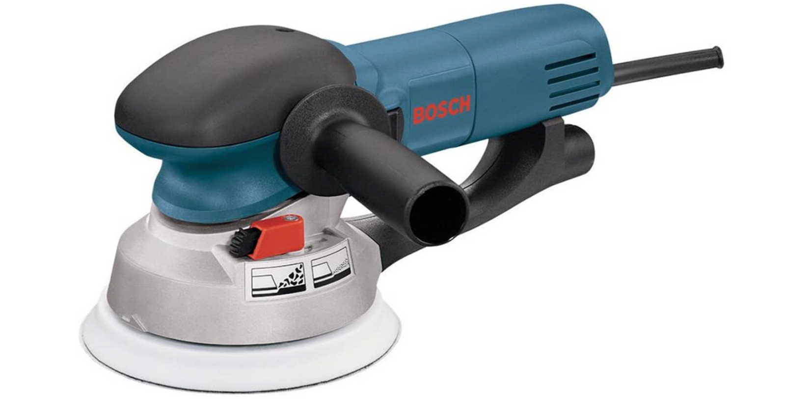 Bosch 1250DEVS product image of a black and cyan sander with a grey sander head.