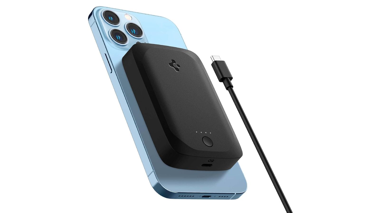 Spigen ArcHybrid Mag product image of a black magnetic charger attached to a blue iPhone.