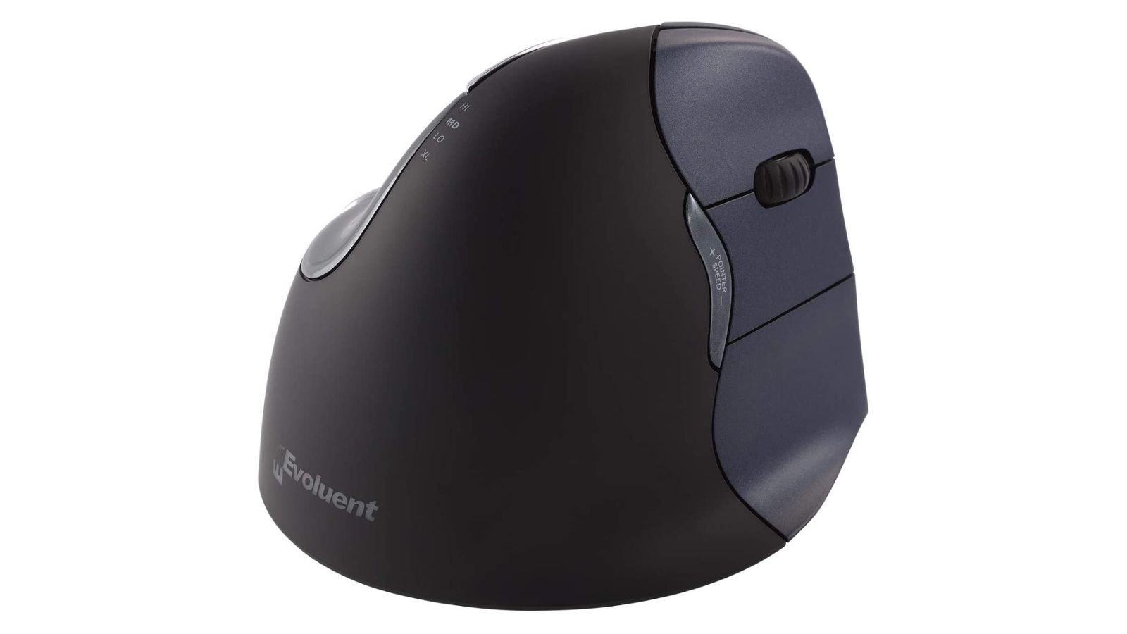 Evoluent Vertical Mouse product image of a black vertical wireless mouse featuring grey Evoluent branding.