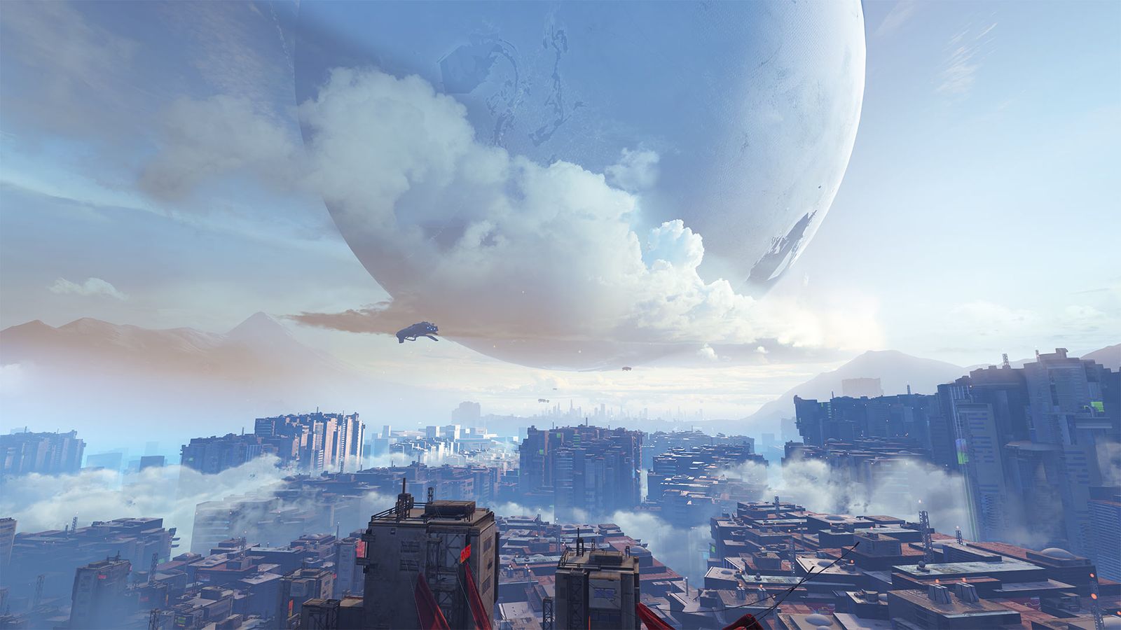 A view over a city, with clouds in-between buildings. In the sky is a huge moon. - Destiny 2 error code Marmot
