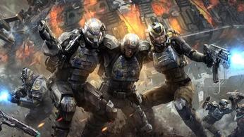 Two soldiers in Planetside 2 attending to a wounded soldier in key art