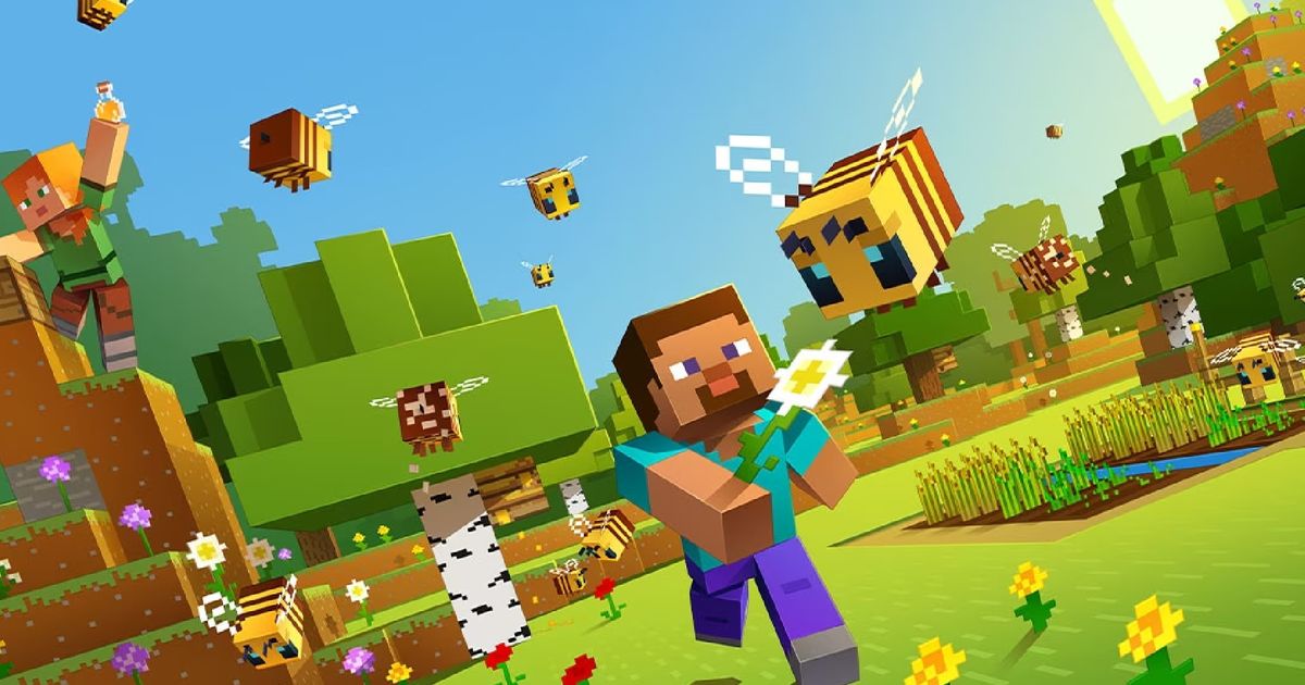Minecraft's Steve chasing a bee in key art for Minecraft