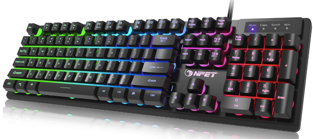 NPET K10 Gaming Keyboard product image of a black keyboard with backlit keys that transition from green to blue to pink, then to red.