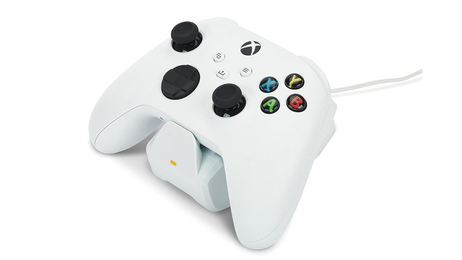 PowerA Charging Station product image of a white Xbox controller connected to a white charing stand.