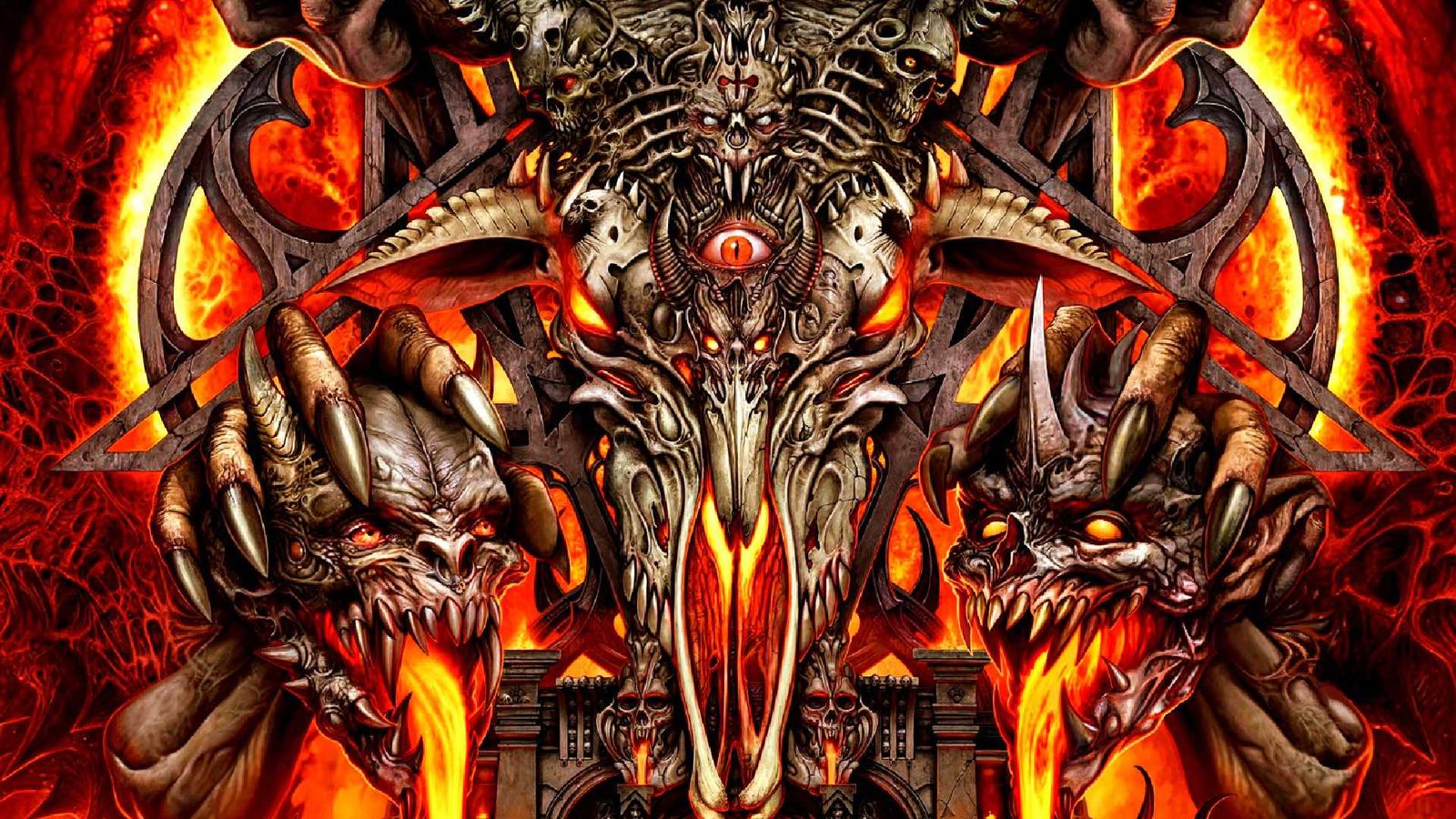 Sigil 2, a free Doom expansion, keyart showing a gargantuan demon with fire spirit hands staring at the player 