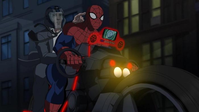 Spider-Man and Phil Coulson riding the Spider-Cycle