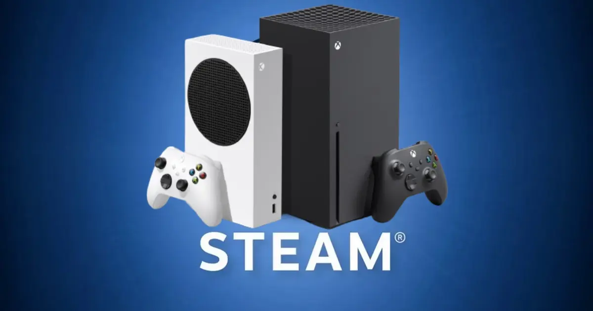 Steam logo and Xbox Series X|S consoles