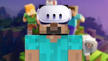 Steve from Minecraft wearing a Meta Quest 3 headset in front of a blurred Minecraft wallpaper