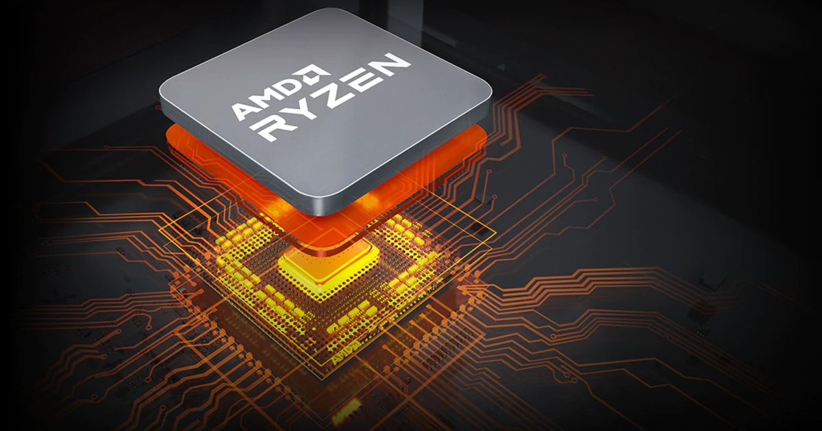 Graphic of a grey AMD Ryzen CPU being placed onto an orange motherboard.