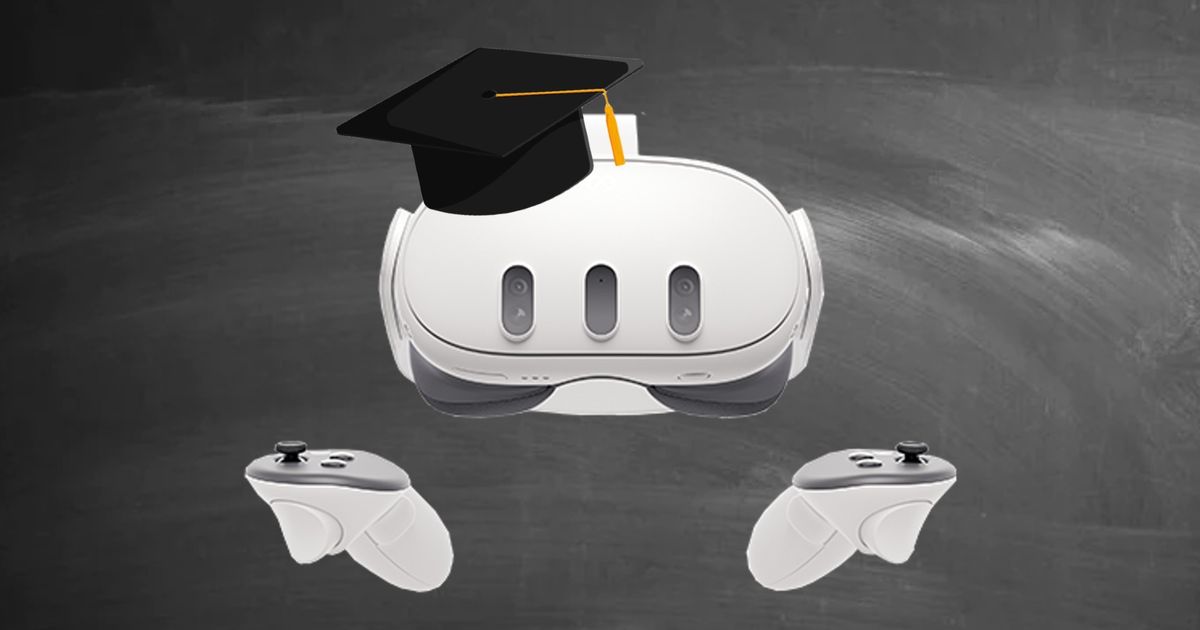 Meta Quest 3 wearing a graduation cap on a chalkboard