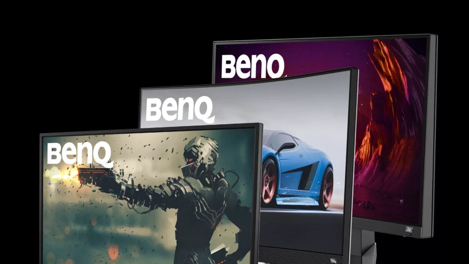 Image of three black BenQ monitor corners lined up side-by-side.