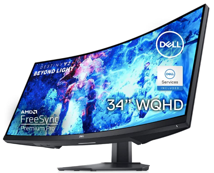 Dell S3422DWG product image of a black ultrawide monitor with specs in white on the display on a blue background.