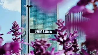 Samsung HQ behind beautiful purple leaves 