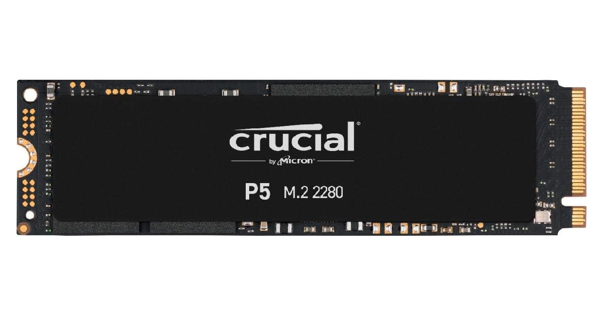 Crucial P5 product image of a black rectangular SSD featuring white branding on top.