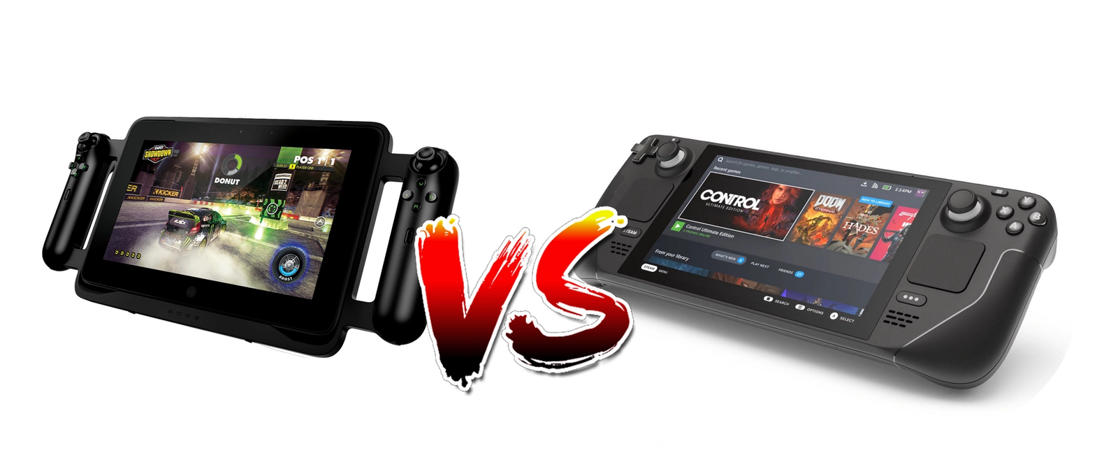 Razer Edge vs Steam Deck two consoles with VS icon