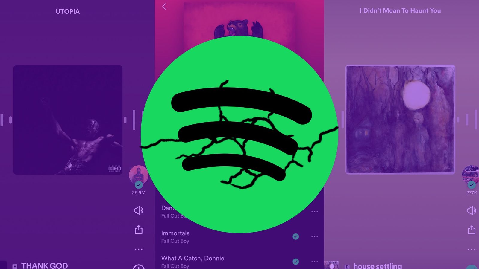 Spotify logo in front of a purple transparent block with Spotify screenshots behind it