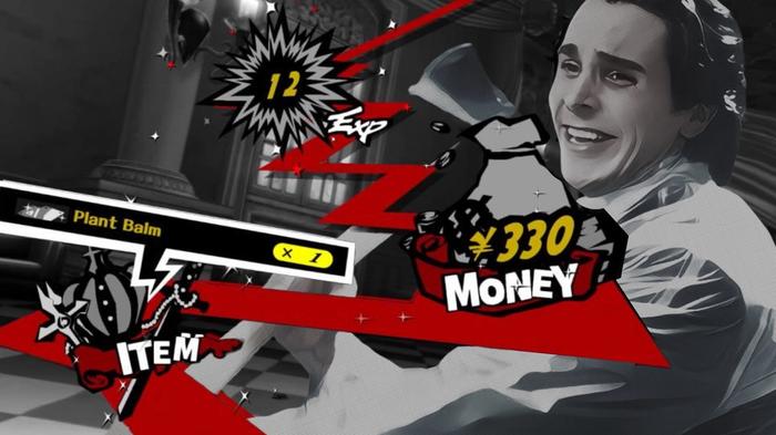 Patrick Bateman in the Persona 5 victory screen after a battle. 