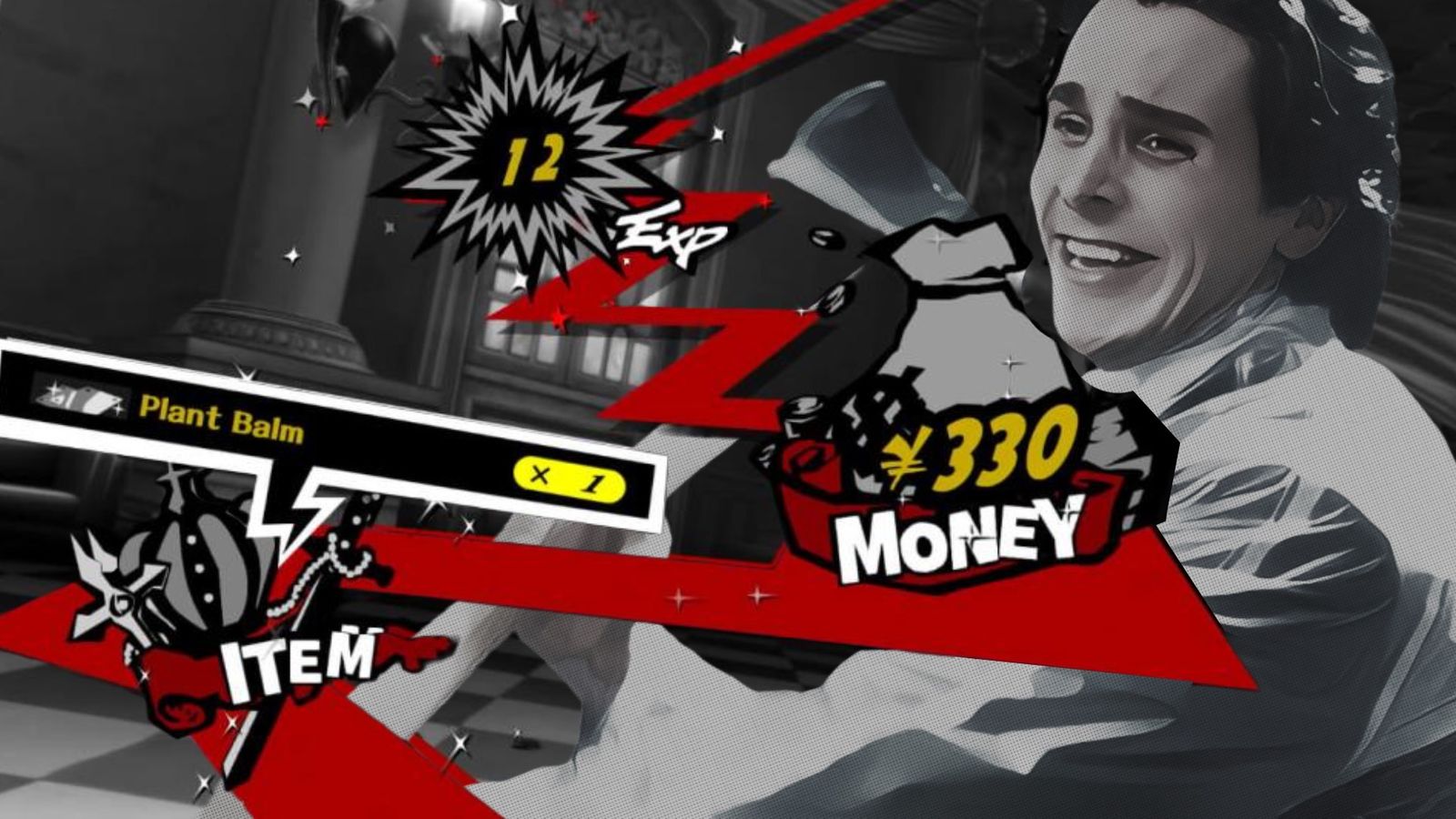 Patrick Bateman in the Persona 5 victory screen after a battle. 