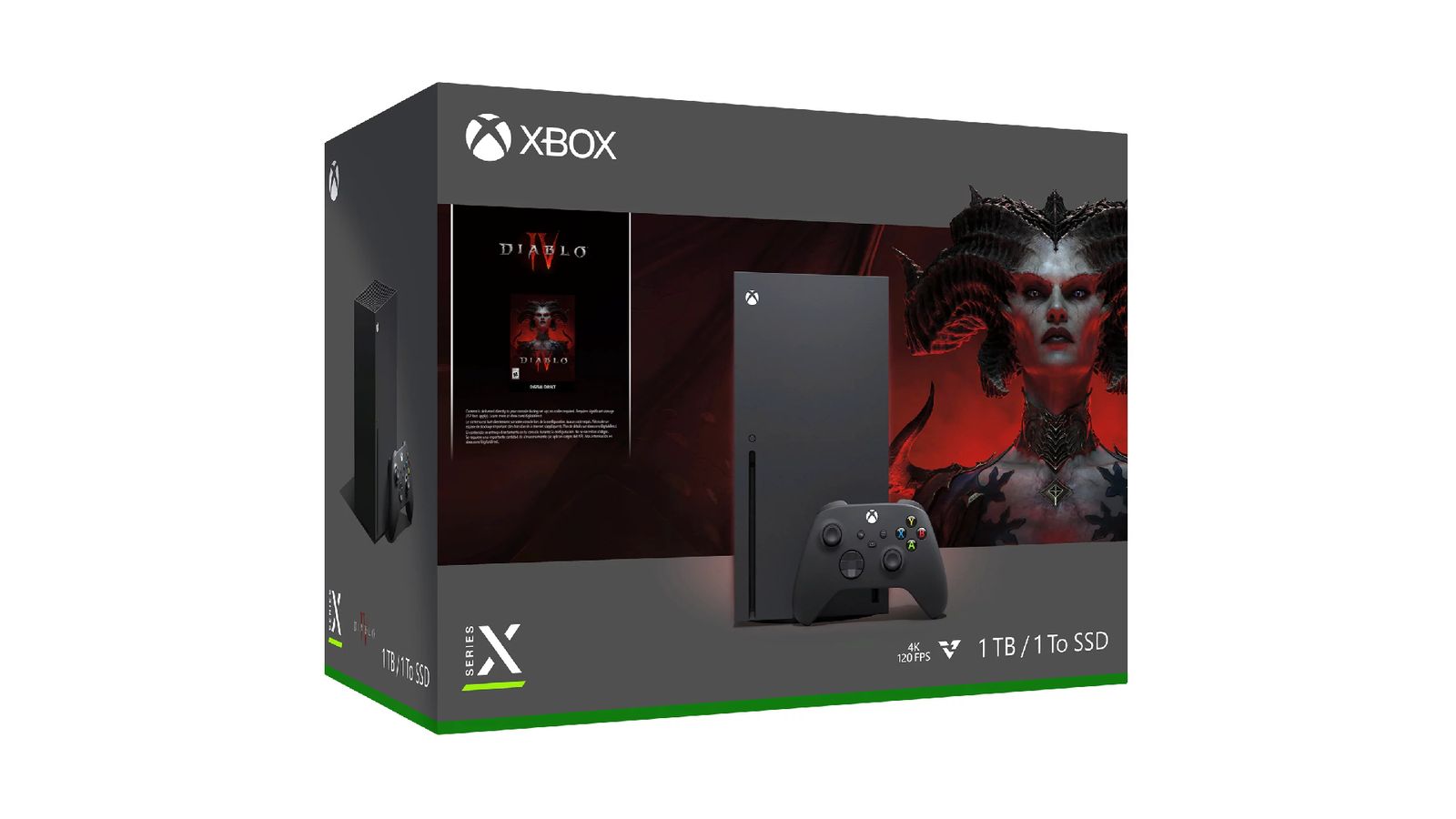 A dark grey box with green trim featuring the Diablo IV cover art in red next to an image of a Xbox Series X.