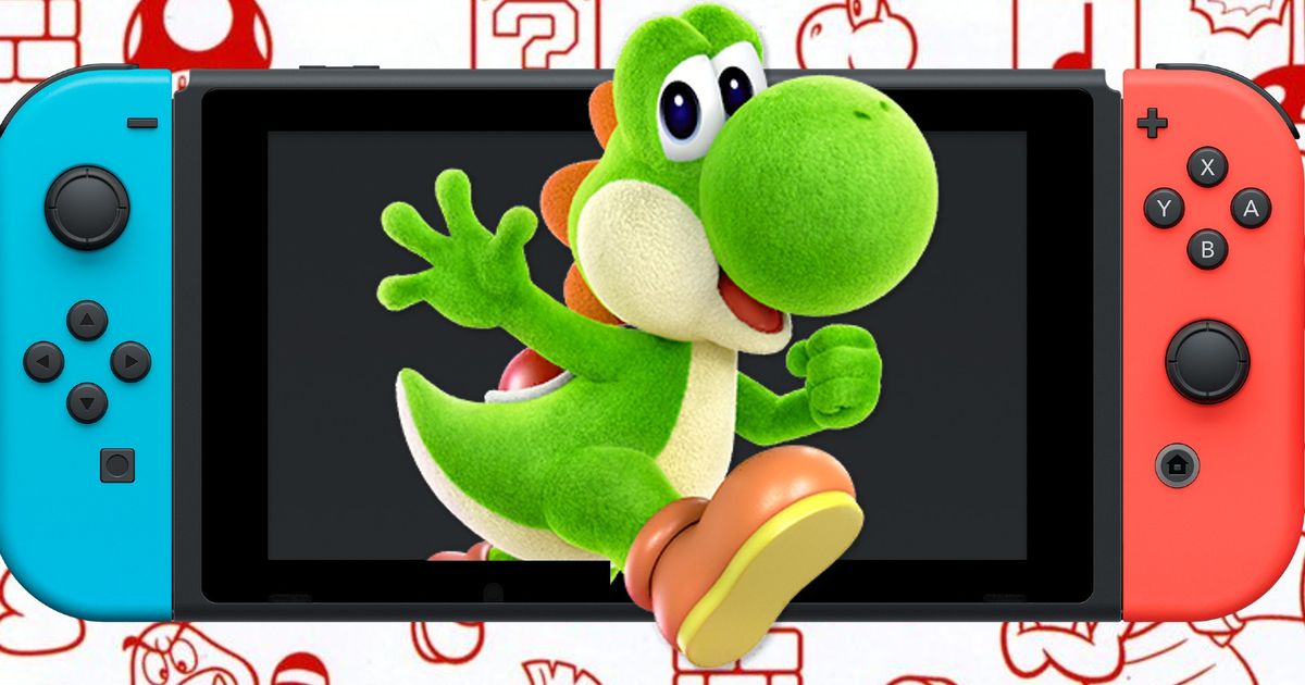 Yoshi stepping outside of a Nintendo Switch in front of a Mario wallpaper