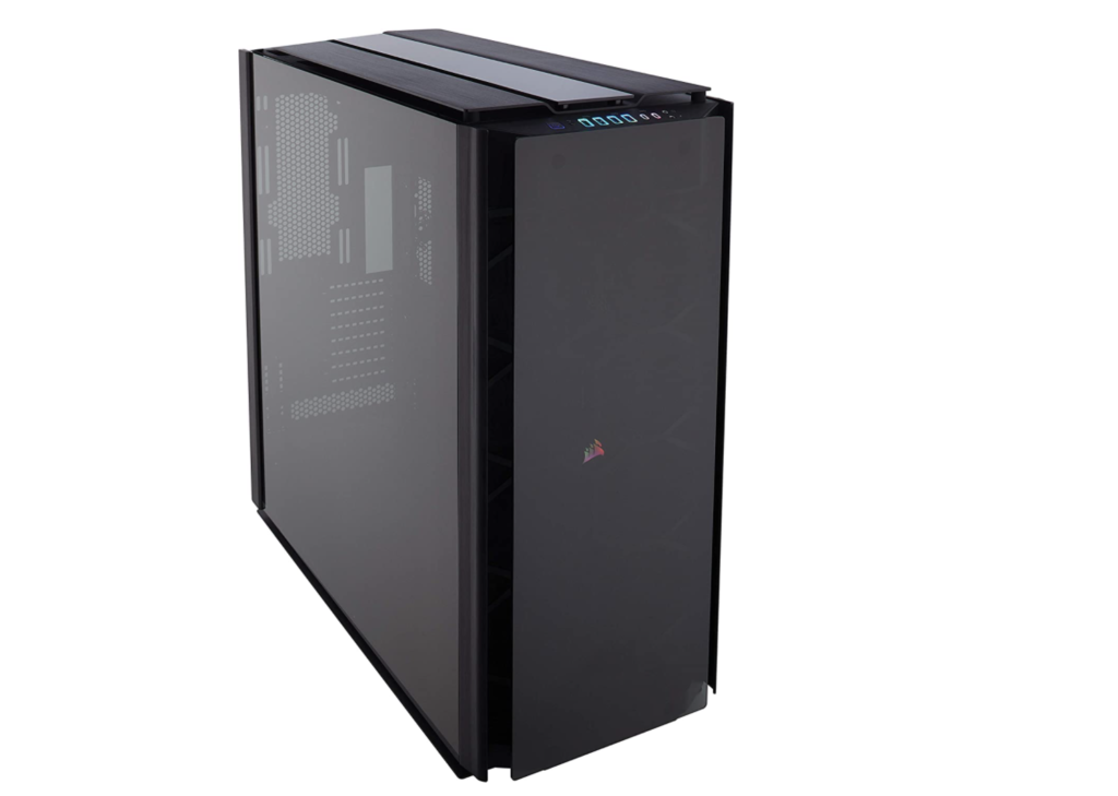 Corsair 1000D product image of a black PC with a clear panel on the side.