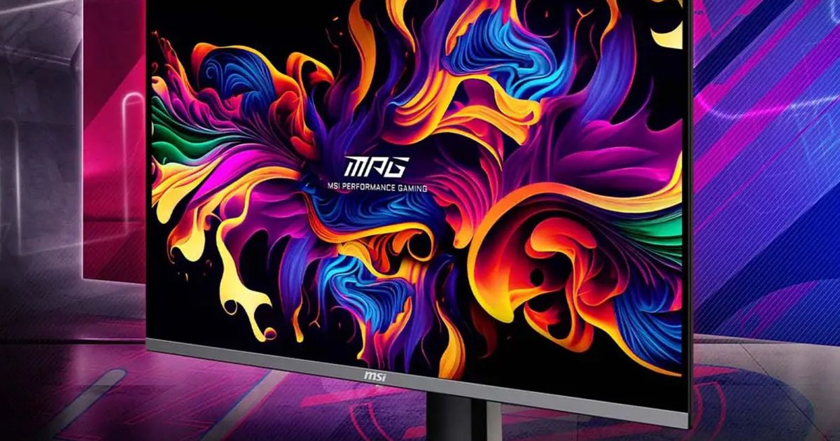 The MSI MEG 321URX QD-OLED AI gaming monitor in a sci-fi punk aesthetic background 