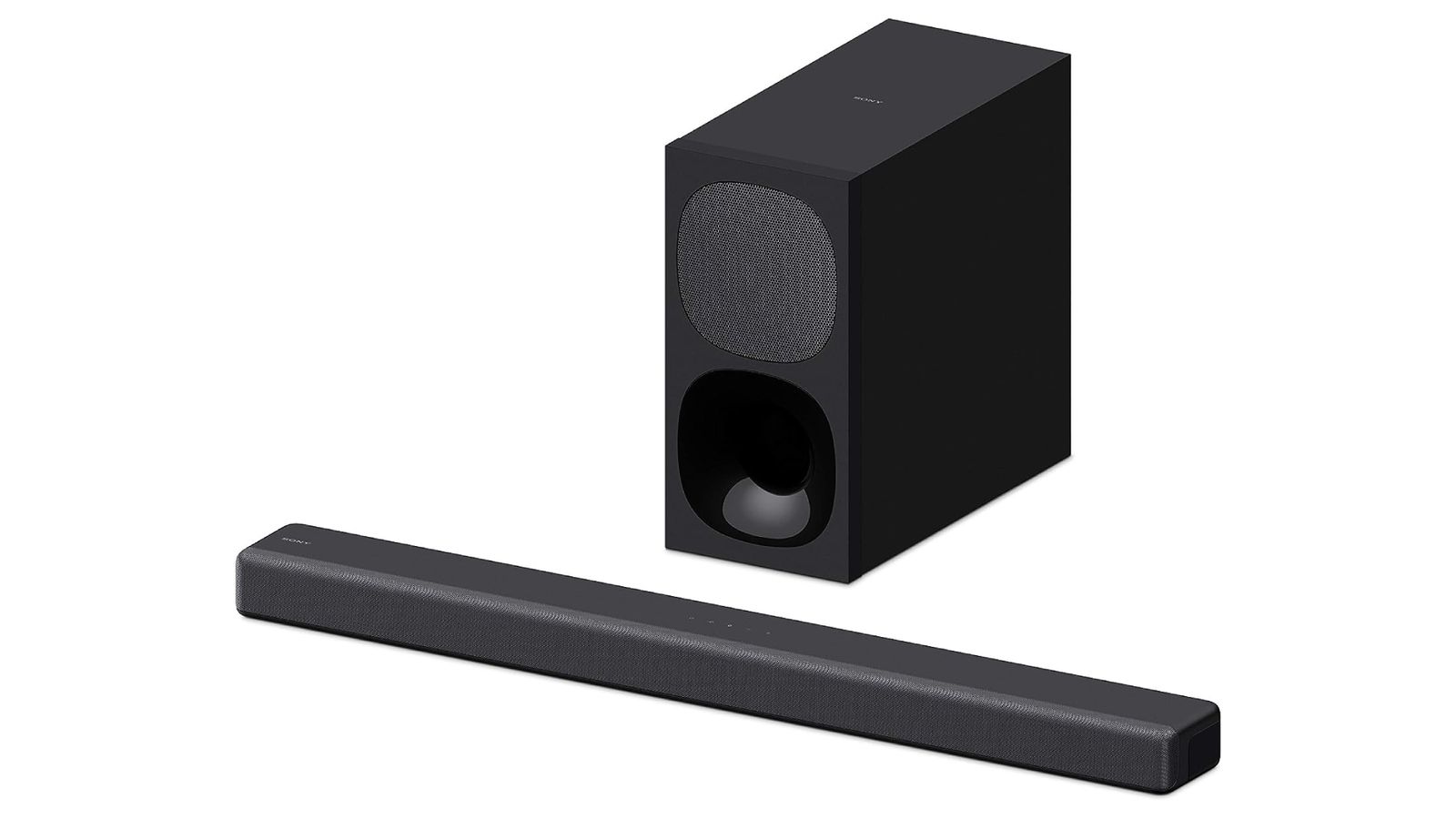 Sony HT-G700 product image of a long black soundbar in front of a black speaker.