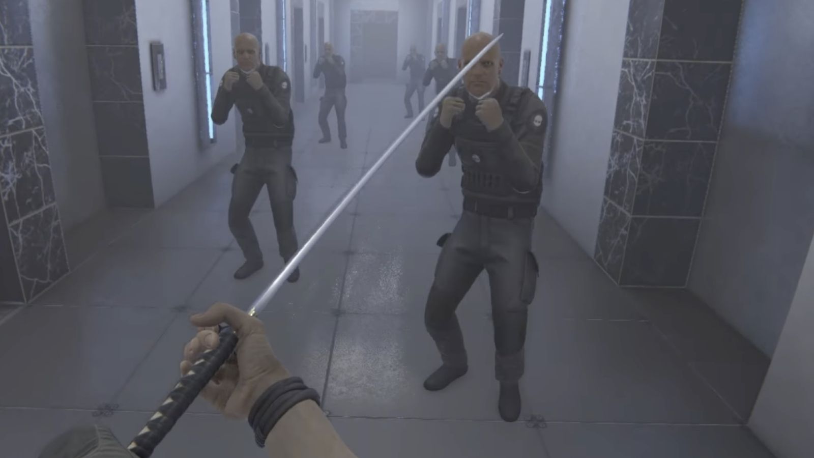 Player wields a samurai sword in front of a corridor filled with guards - Bonelab stuck on loading screen