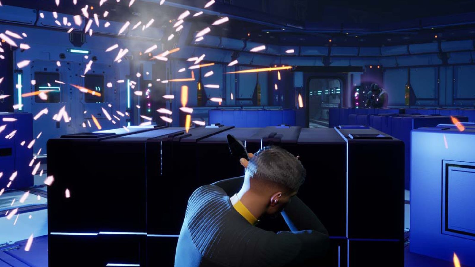 An image showing Star Trek: Resurgence combat with one starfleet officer hiding behind a crate as phaser fire commenced 