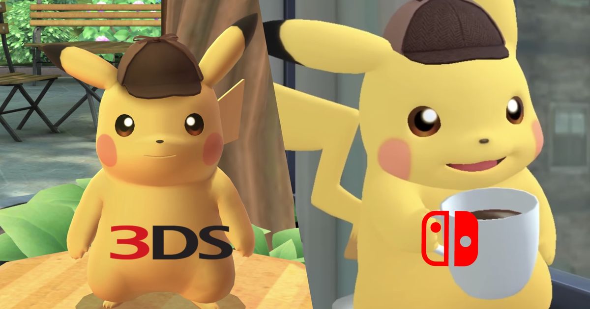 Detective Pikachu Returns looks worse than its 3DS original. Two versions of the character, 3DS on the left and Nintendo switch on the right. 