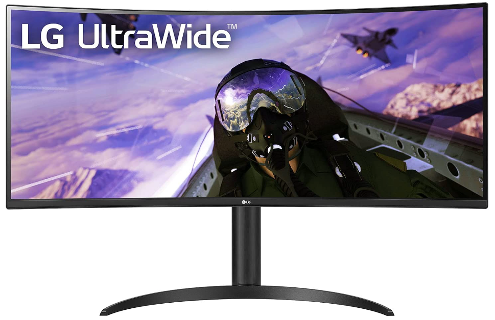 LG UltraWide 34WP65C-B product image of a black monitor with someone flying a fighter jet in a blue sky on the display.