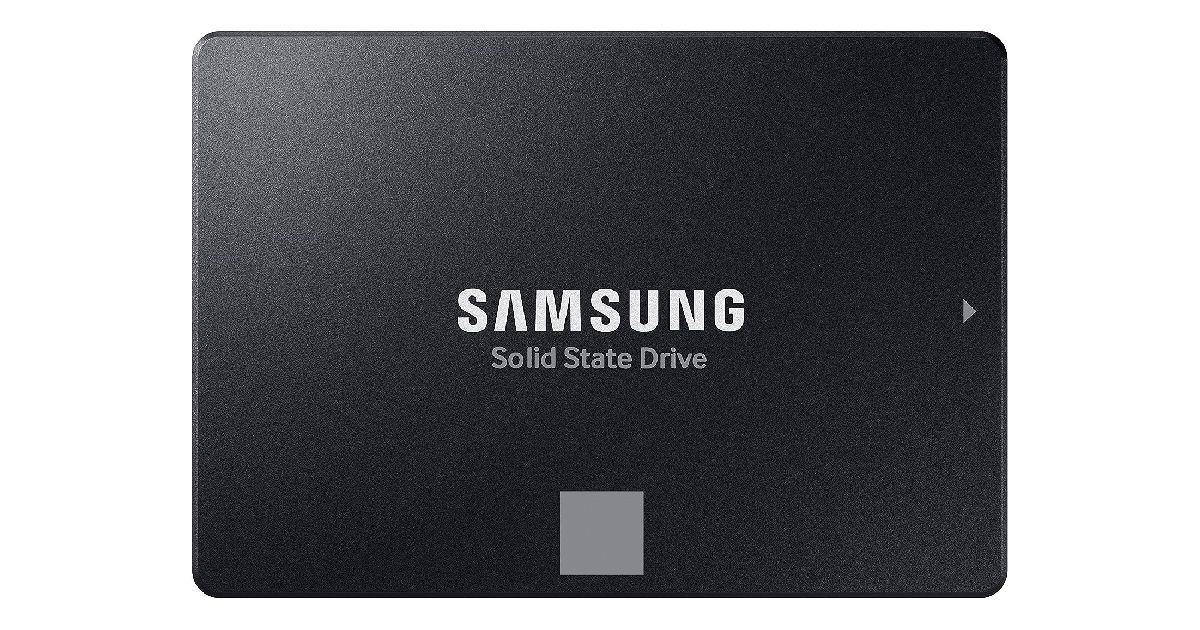 A black, rectangular SSD featuring white Samsung branding in the centre of it.