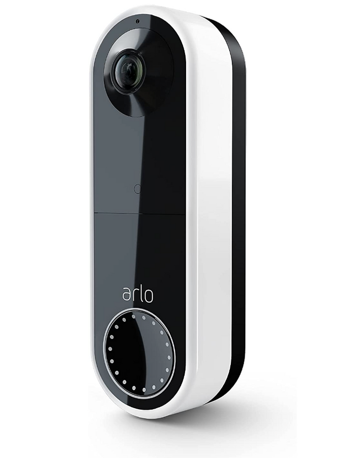 Arlo Essential Video Doorbell product image of a black and white camera doorbell.