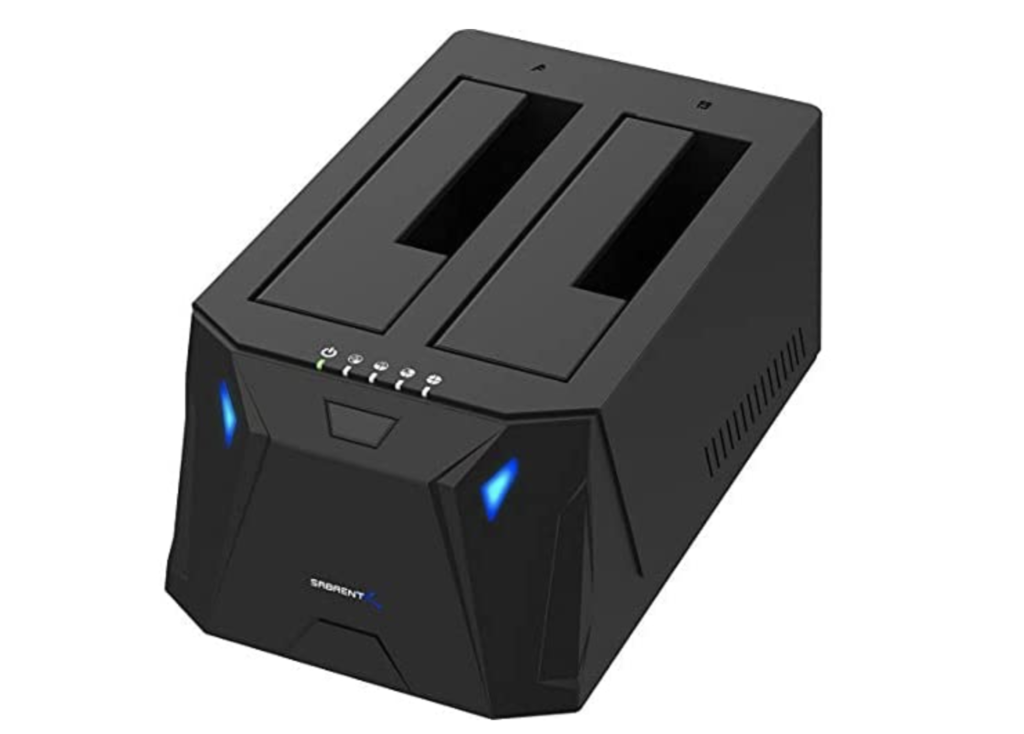 Sabrent product image of a black hard drive featuring two blue lights on the front.