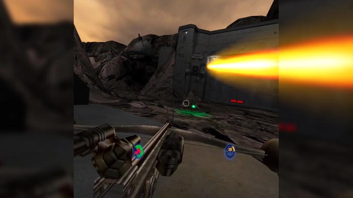 An image of Jedi Outcast VR player firing a bowcaster bolt at an enemy AT-ST