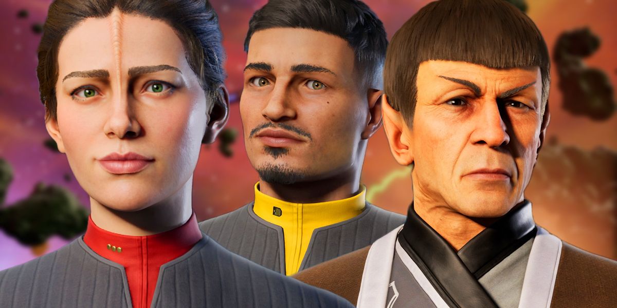 Star Trek: Resurgence first officer Jara Ridek, Engineer Carter Diaz and Ambassador Spock on top of an ion storm space background 
