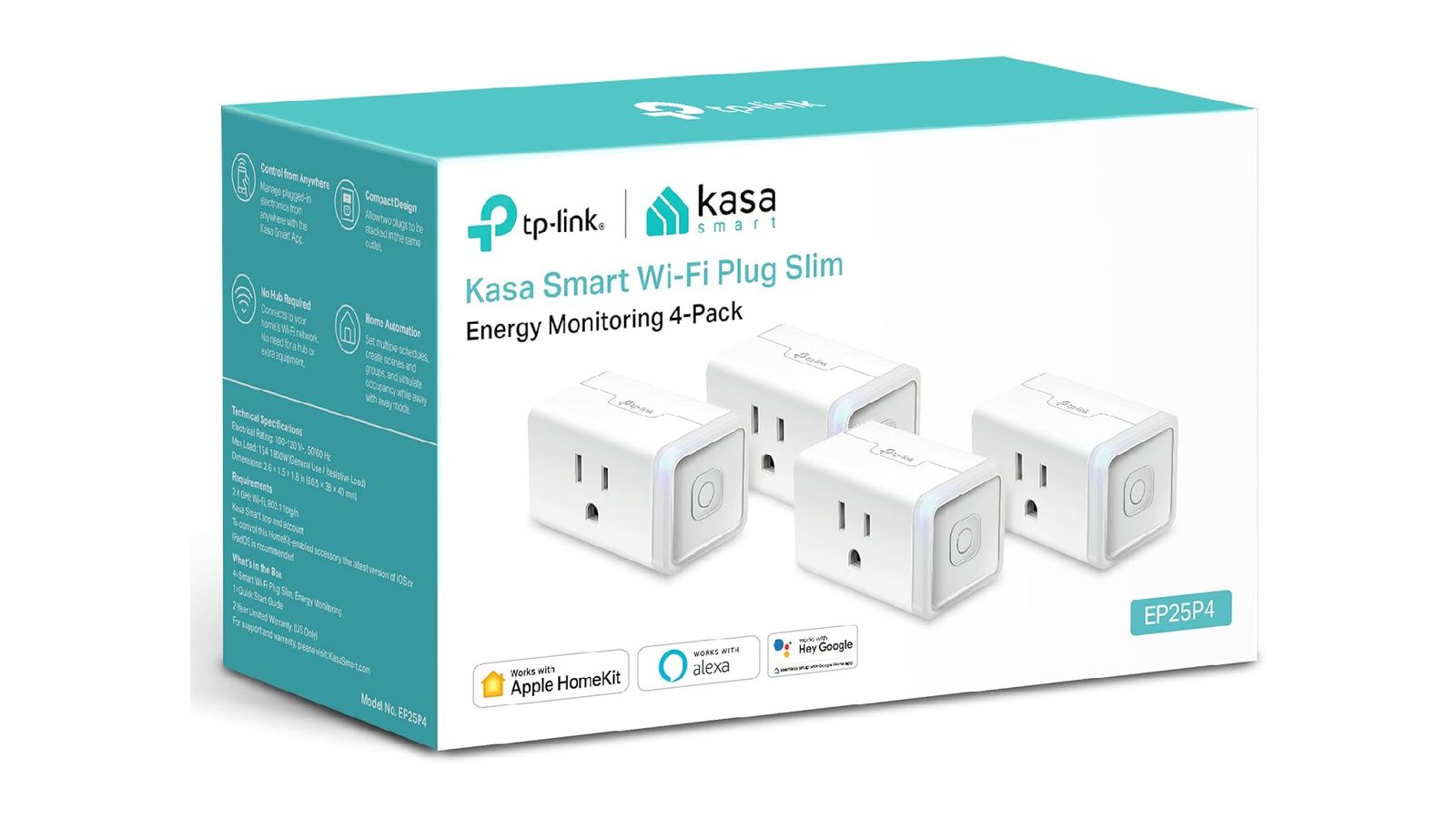 A white and turquoise box with an image of four white smart plugs on the front.
