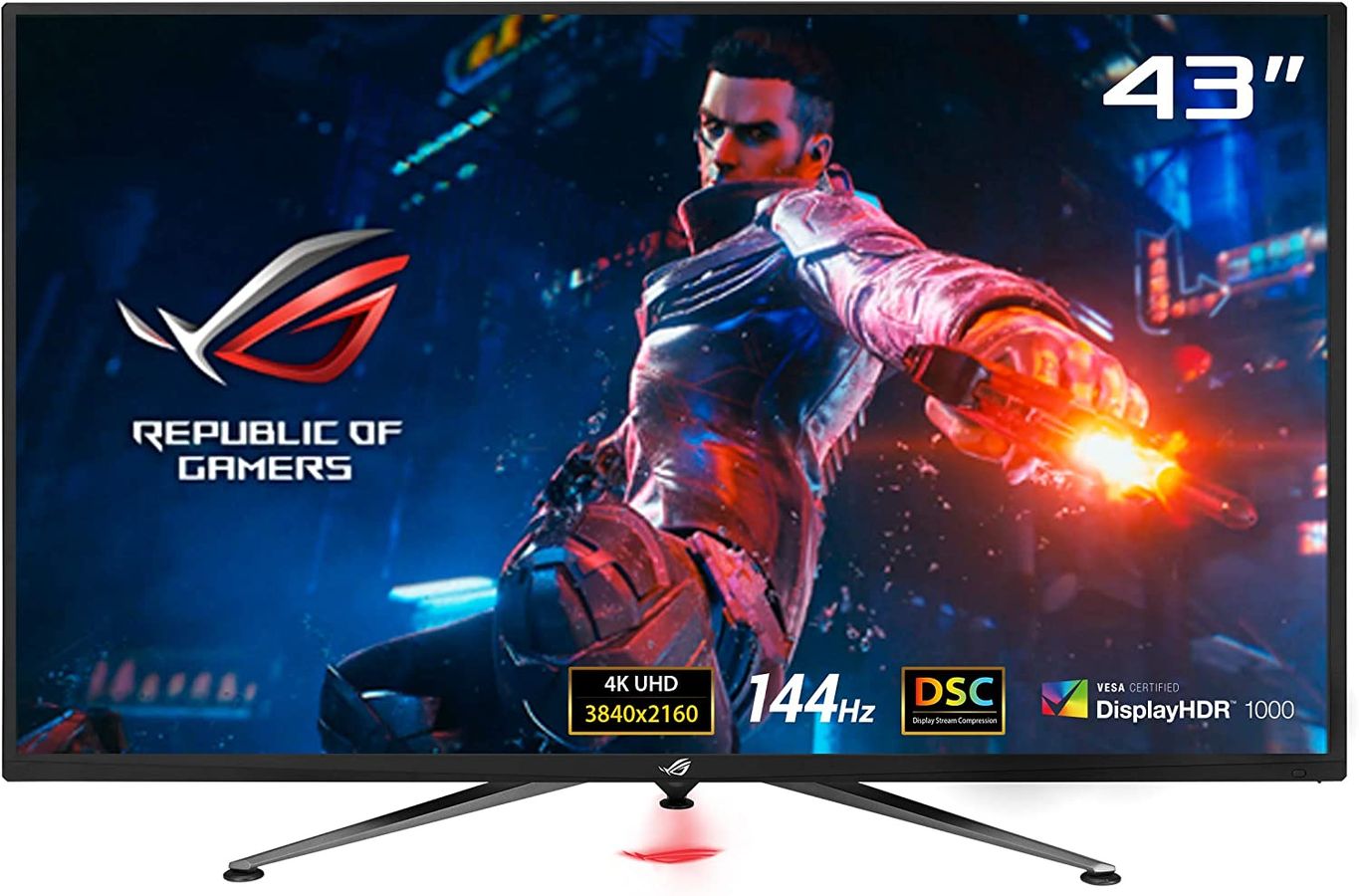 ASUS ROG Swift PG43UQ product image of a black, 43-inch monitor with someone on the display holding a red lit-up weapon in left hand.