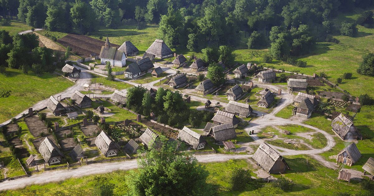 Manor Lords cheats: A medieval village in Manor Lords, set next to a forest.