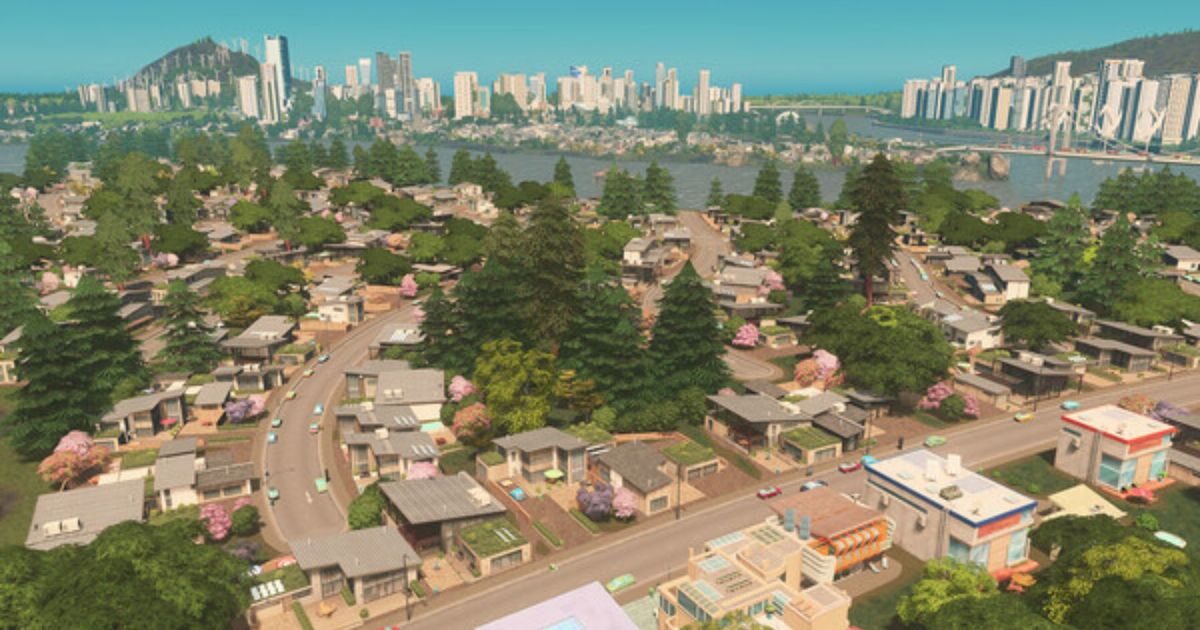 An aerial view of a residential area within Cities: Skylines