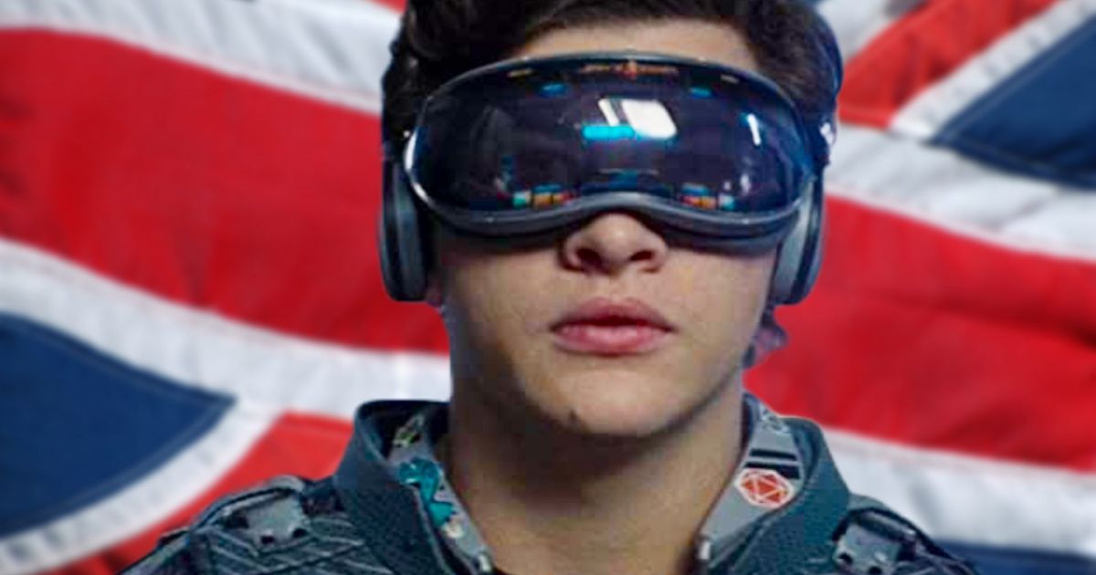 British people Metaverse; the guy from ready player one on a British flag