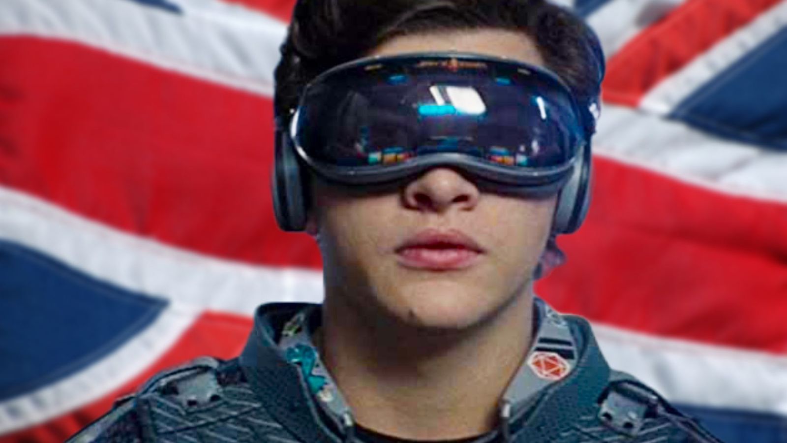 British people Metaverse; the guy from ready player one on a British flag