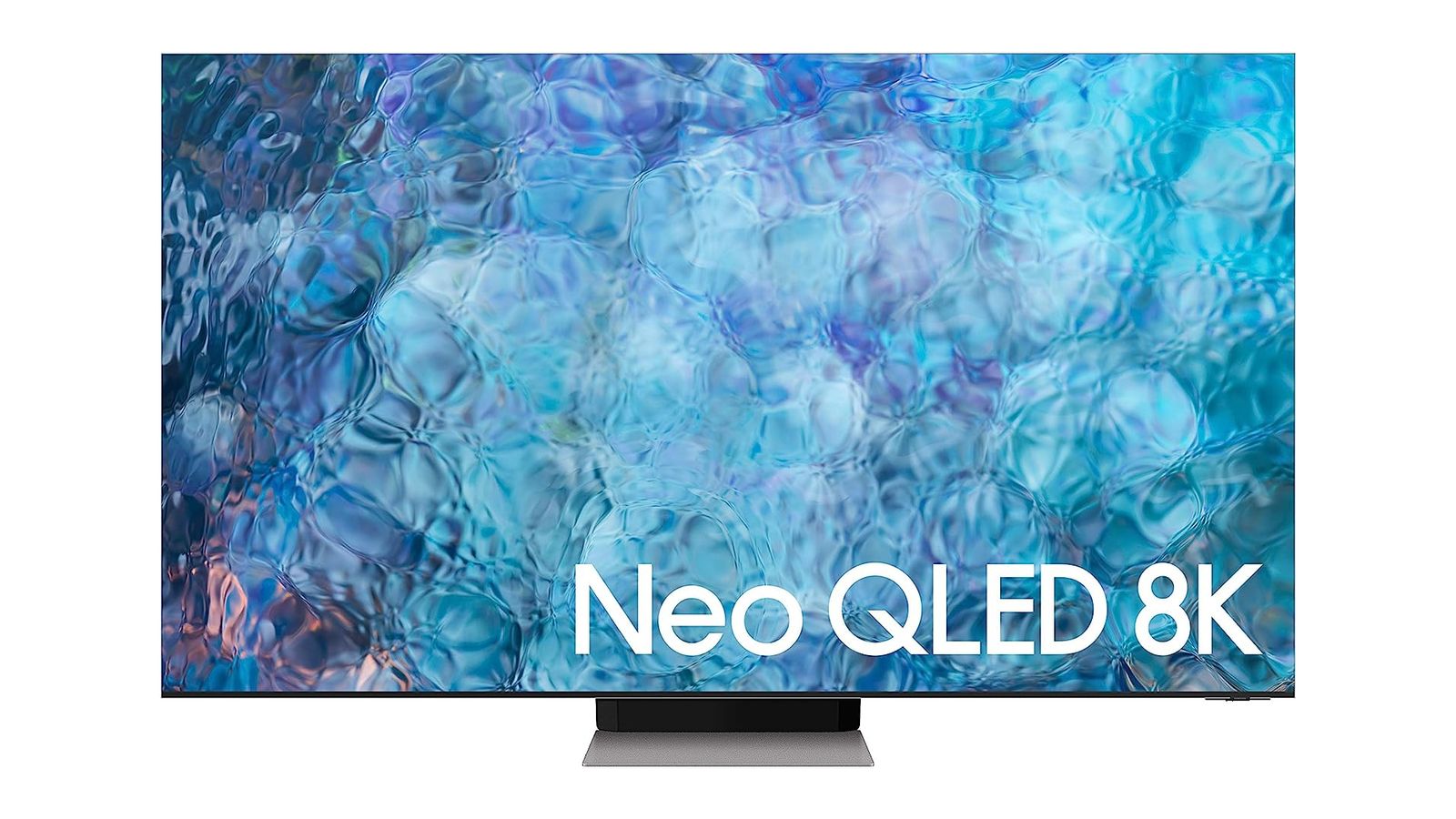 Samsung QN900A product image of a dark grey flatscreen TV with a blue and purple watery pattern on the display.