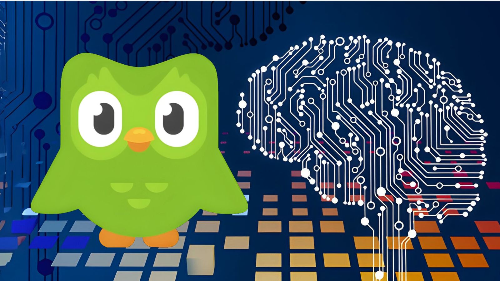 Duolingo green owl stood next to a white mechanical brain