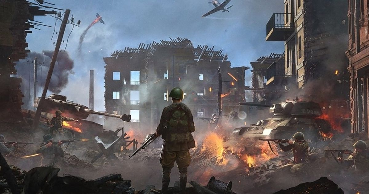 Hell Let Loose player standing in front of burning rubble with plane flying in sky above