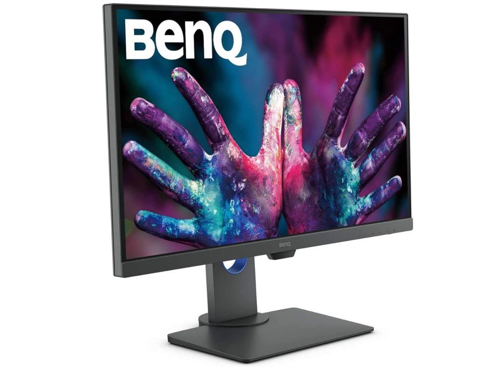 BenQ PD2705Q product image of a dark grey monitor with someone with their hands painted in glittery purple, pink, and blue on the display.