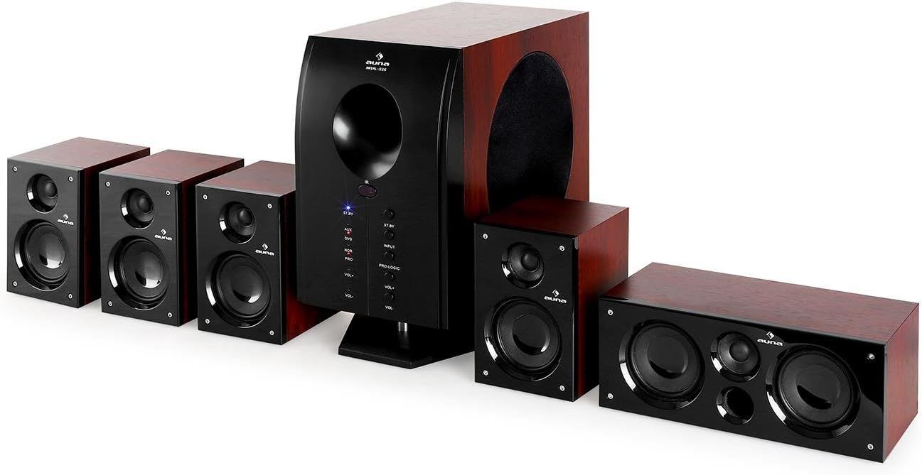 AUNA Area 525-5.1 Speaker System product image of a set of five black and brown speakers and a subwoofer.