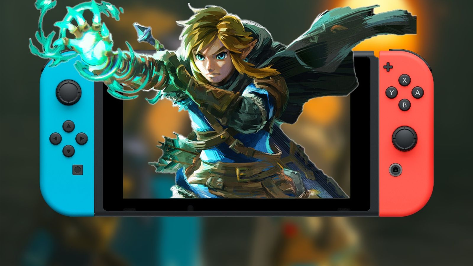 Nintendo Switch with Link using his glove from Tears of the Kingdom popping out